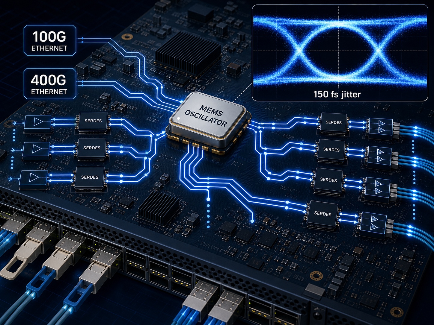SiT9375 MEMS oscillator in 100G/400G Ethernet clock tree — eye diagram with 150 fs jitter