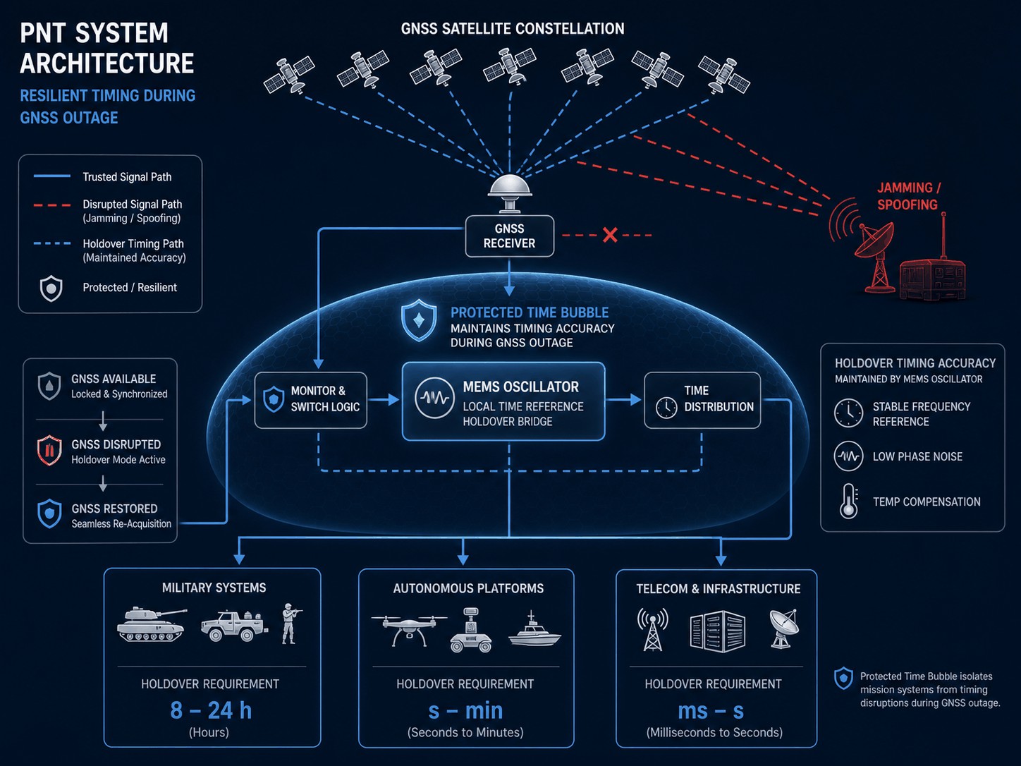 SiTime PNT system architecture — GNSS holdover timing bridge: GNSS satellite constellation, signal disruption by jamming/spoofing, local MEMS oscillator holdover, and PNT system architecture with military/autonomous vehicle/telecom holdover requirements