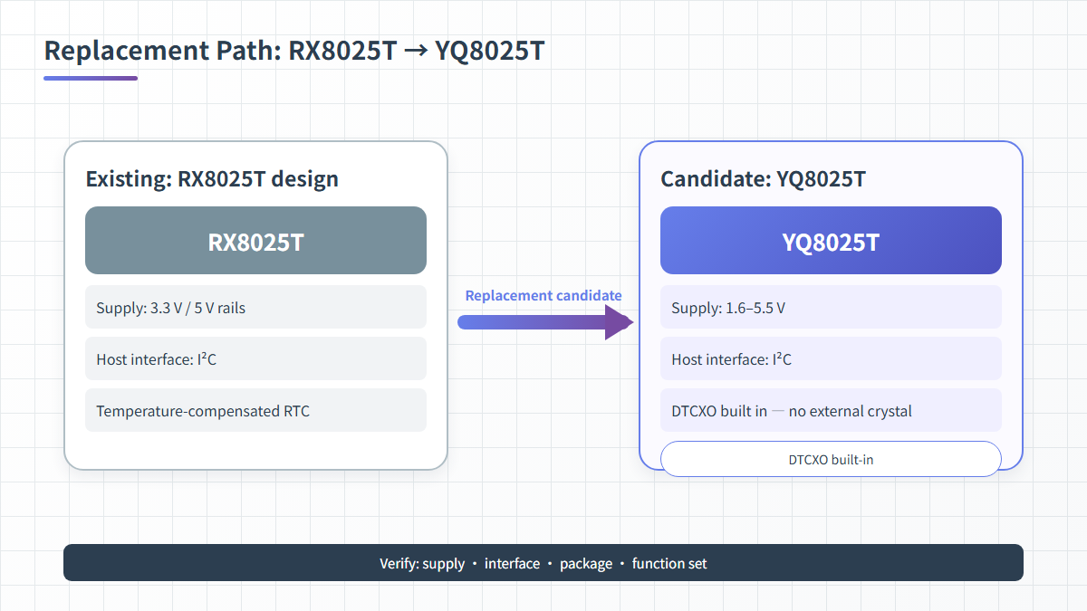 RX8025T to YQ8025T replacement path — I²C, 1.6–5.5V, LGA14 DTCXO RTC comparison