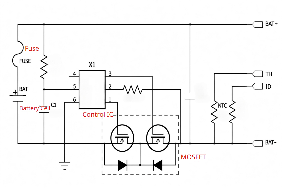 Battery protection MOSFET circuit — SGT MOSFETs in series with the 48V/60V Li-ion battery main current path