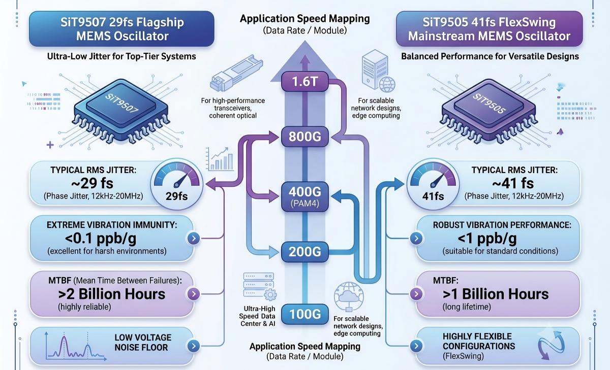 SiT9507 29fs vs SiT9505 41fs FlexSwing — SiTime 差分 MEMS 振盪器對比
