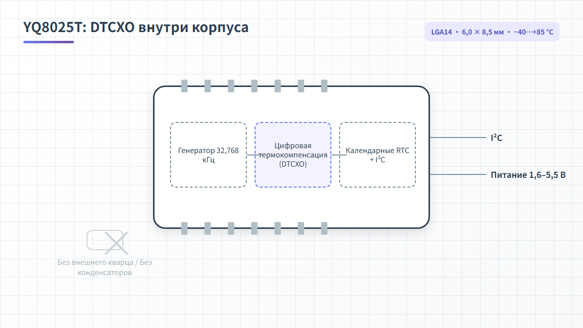 YQ8025T — архитектура RTC со встроенным DTCXO: генератор 32,768 кГц, цифровая термокомпенсация и календарные часы в корпусе LGA14
