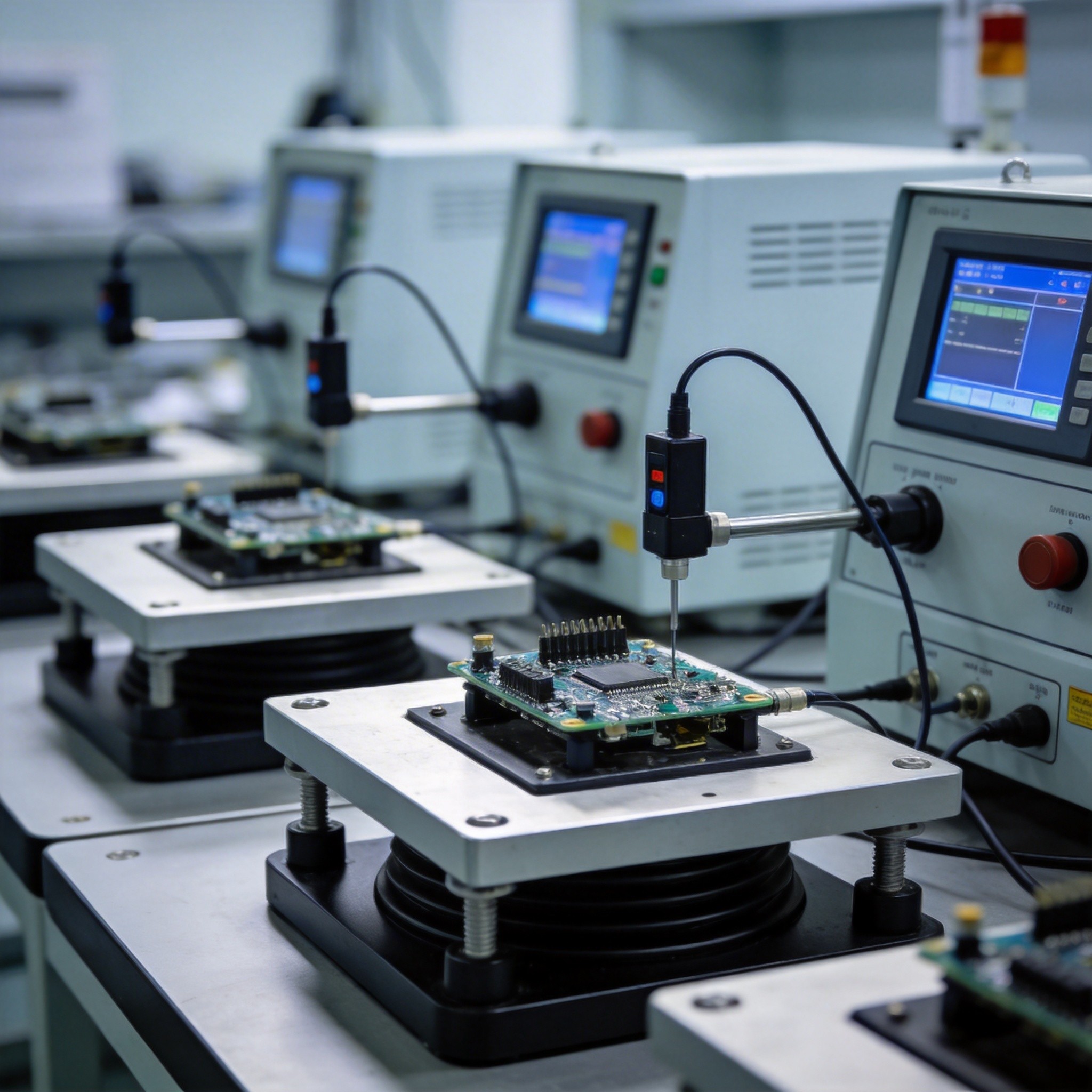 Electronic testing lab with precision equipment for EPSON RX8900CE RTC chip testing and validation