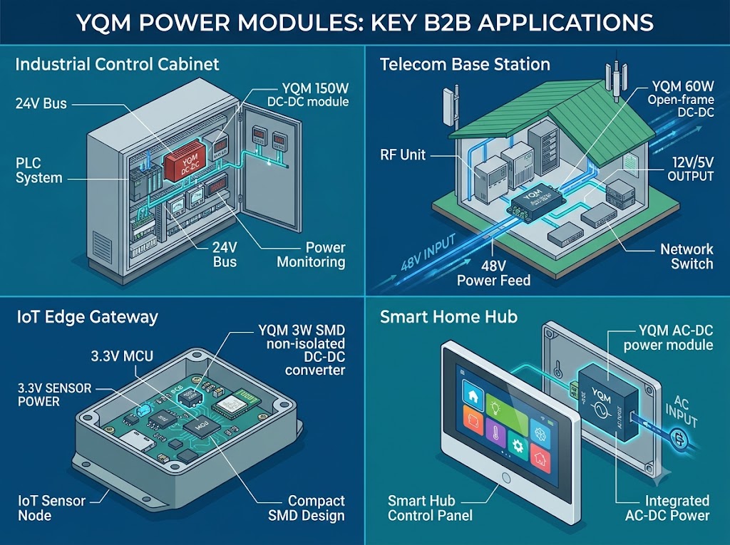 YQM DC-DC Power Modules — Application Scenario Overview (Industrial, Telecom, IoT, Smart Home)